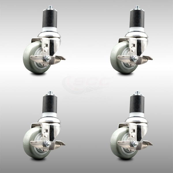 Service Caster 3 Inch 316SS Gray Poly Swivel 1-3/4 Inch Expanding Stem Caster Set Brake SCC SCC-SS316EX20S314-PPUB-TLB-134-4 - main